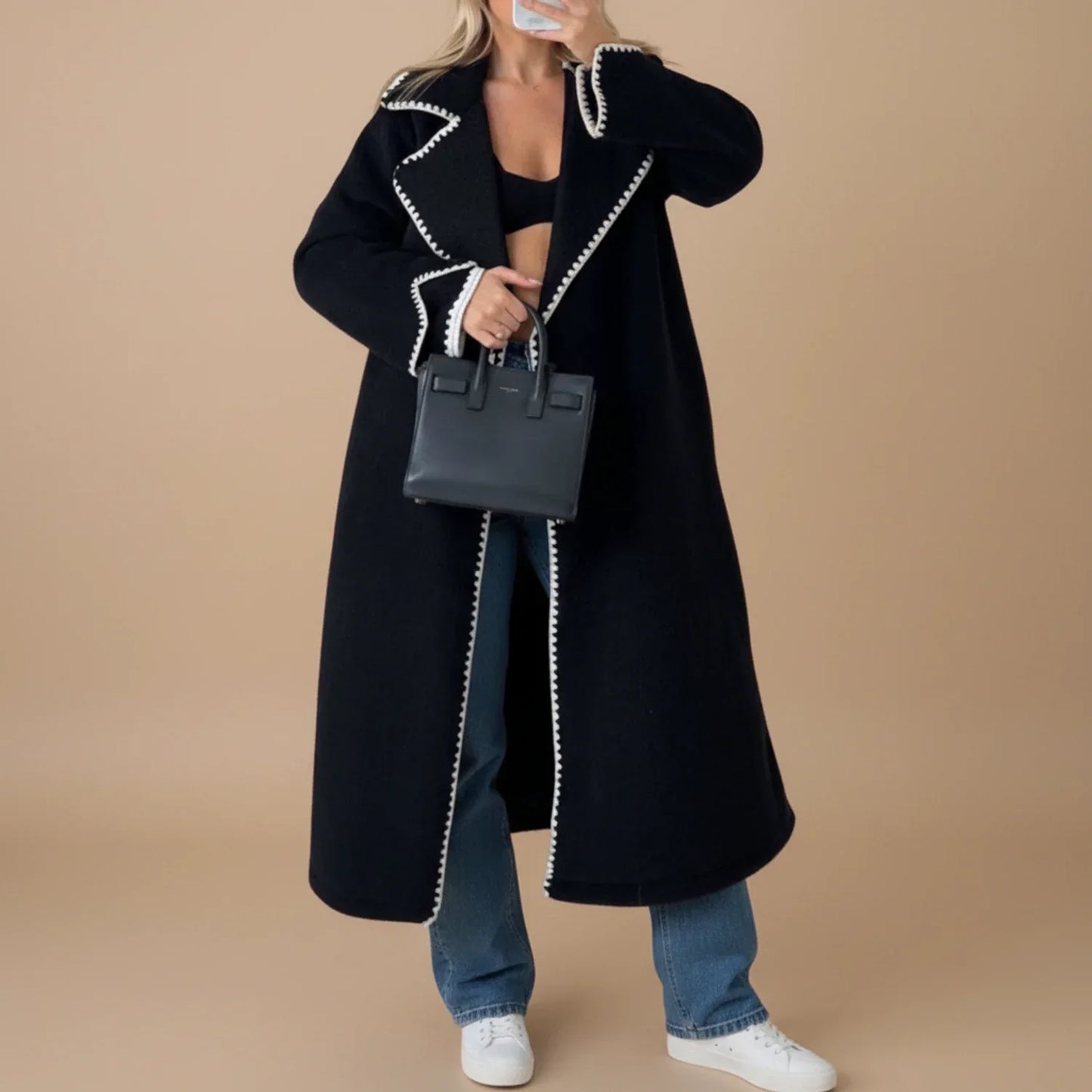 Manteau Longiligne Duster Pour Femme Ouvert Devant Avec Bordure Contrastée Et Coupe Décontractée