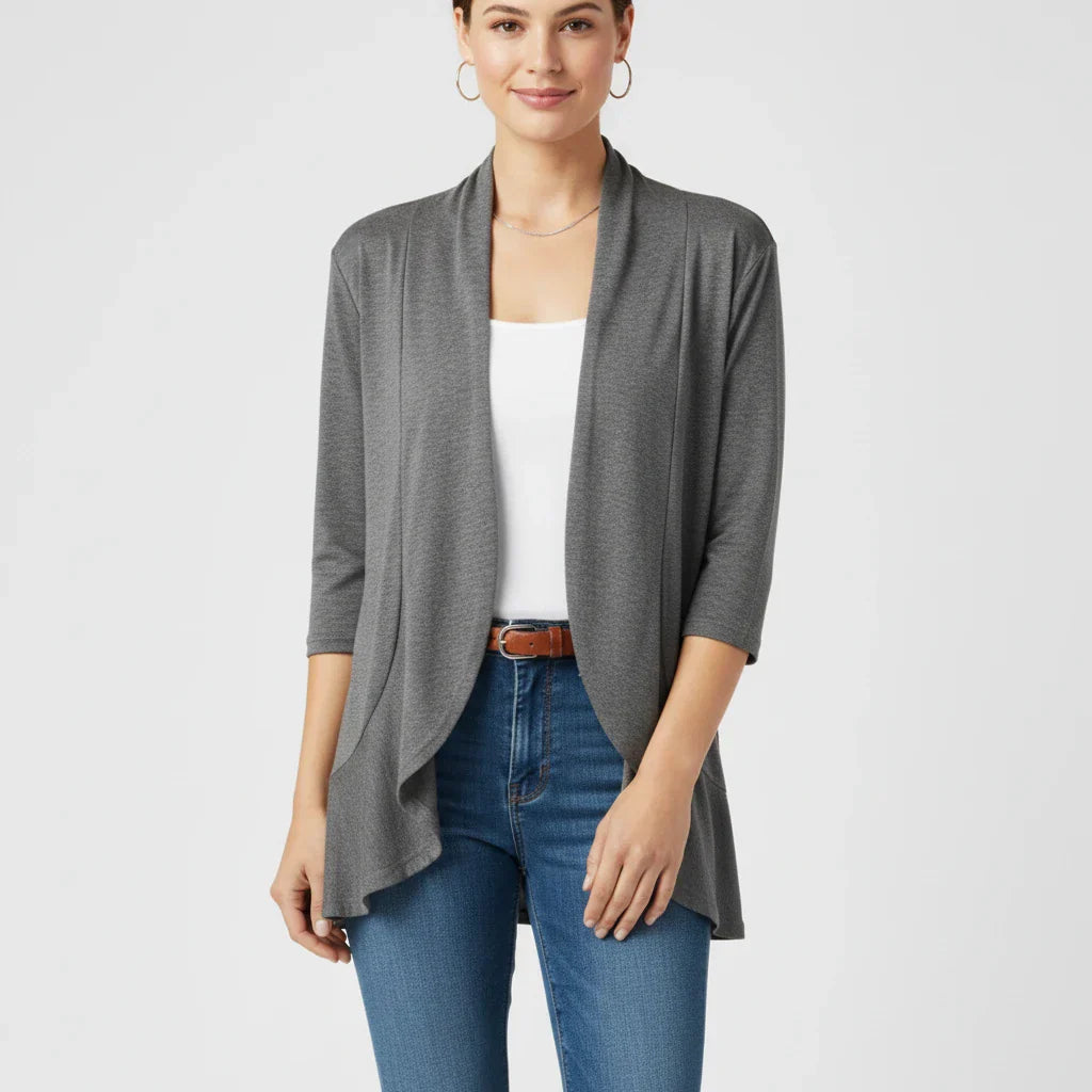 Cardigan Femme Ouvert Devant Léger Avec Drapé Manches Trois Quarts Pour Transitions De Saisons