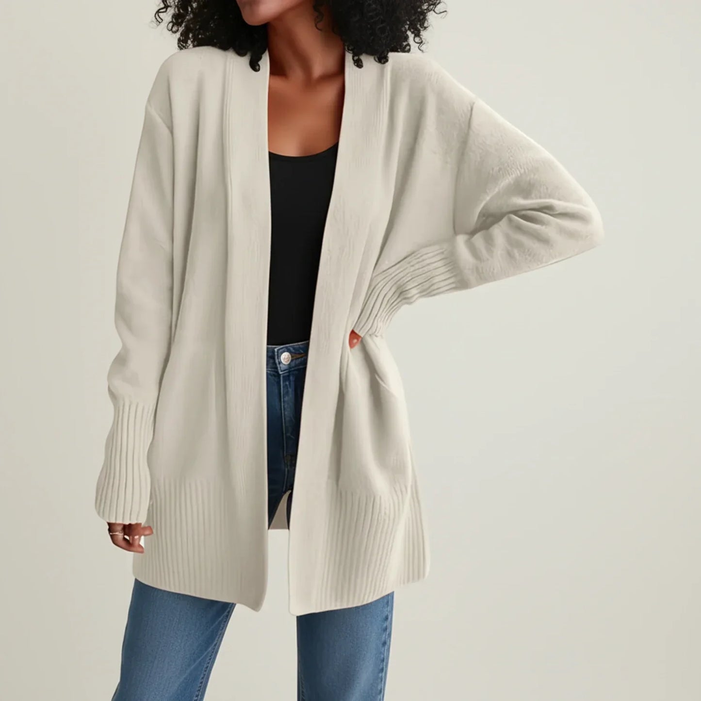 Cardigan Femme Mi Long Ouvert Devant Avec Manches Longues Tricot Côtelé Décontracté Pour Superposition
