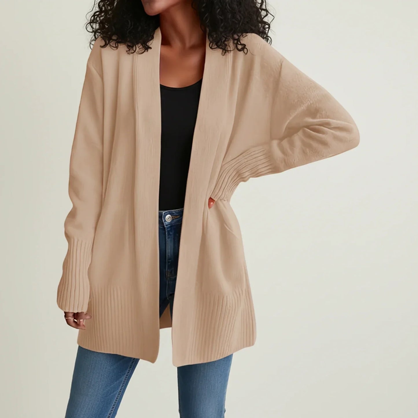 Cardigan Femme Mi Long Ouvert Devant Avec Manches Longues Tricot Côtelé Décontracté Pour Superposition