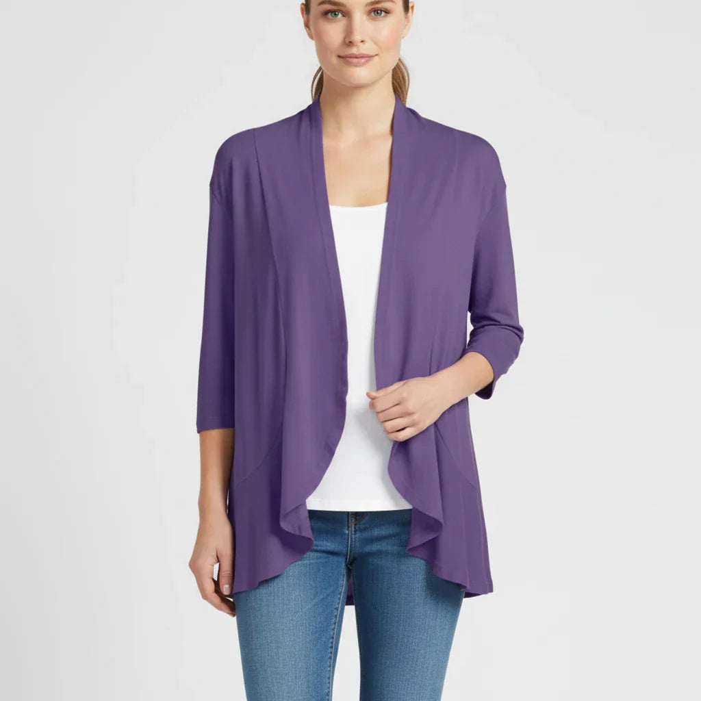Cardigan Femme Ouvert Devant Léger Avec Drapé Manches Trois Quarts Pour Transitions De Saisons