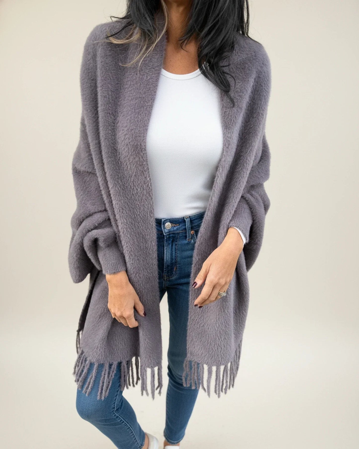 Cardigan Femme Décontracté À Ouverture Frontale Avec Franges Et Drapé Col Châle Pour L'Hiver