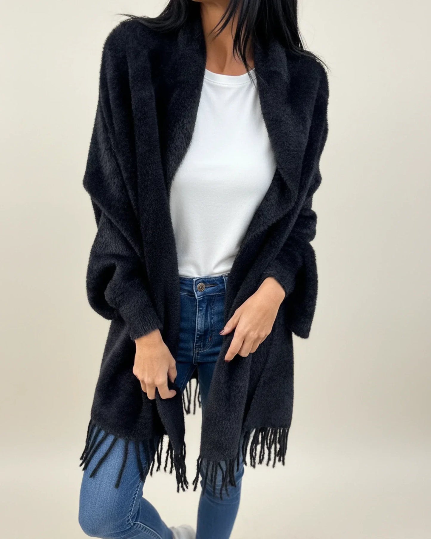 Cardigan Femme Décontracté À Ouverture Frontale Avec Franges Et Drapé Col Châle Pour L'Hiver