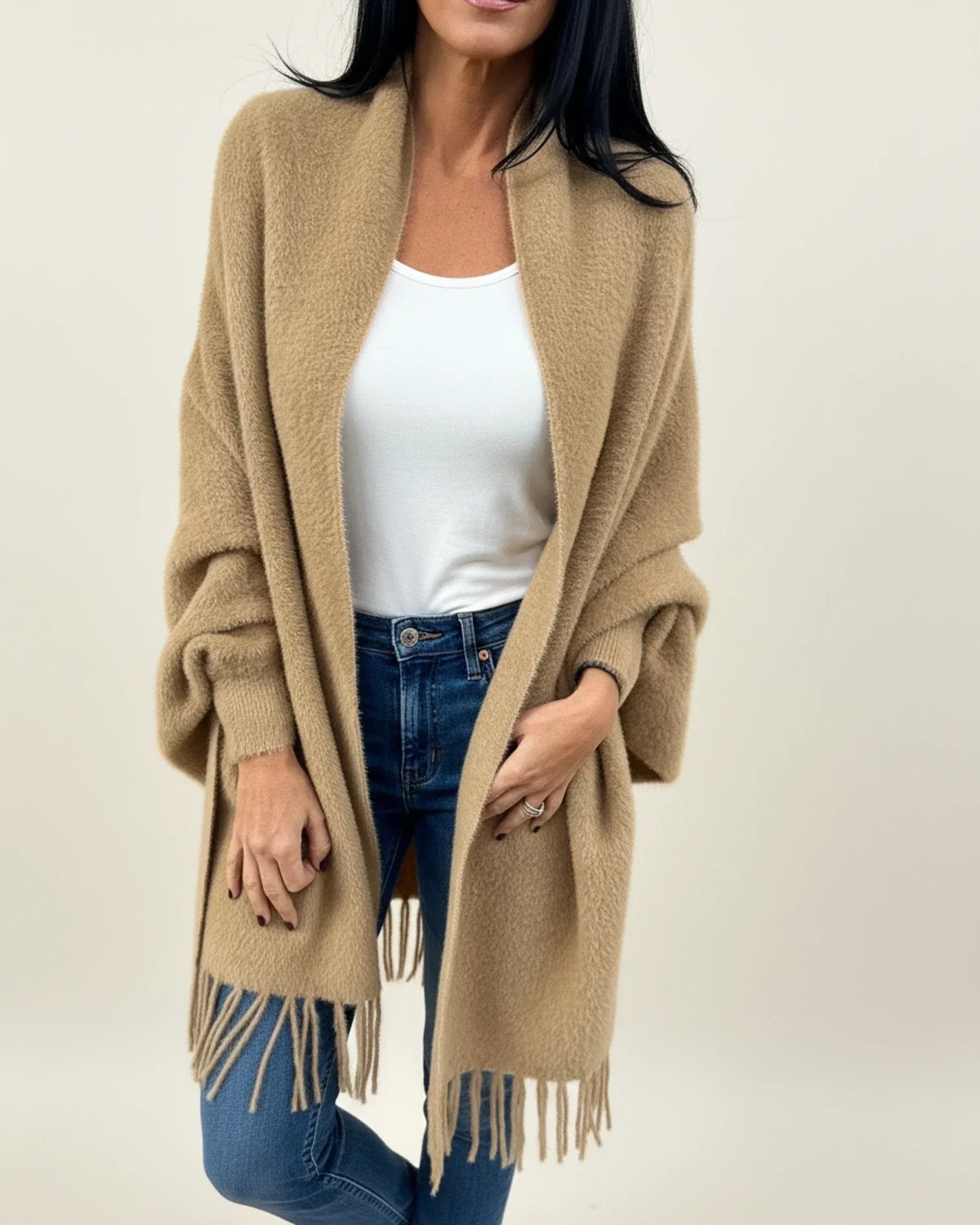 Cardigan Femme Décontracté À Ouverture Frontale Avec Franges Et Drapé Col Châle Pour L'Hiver