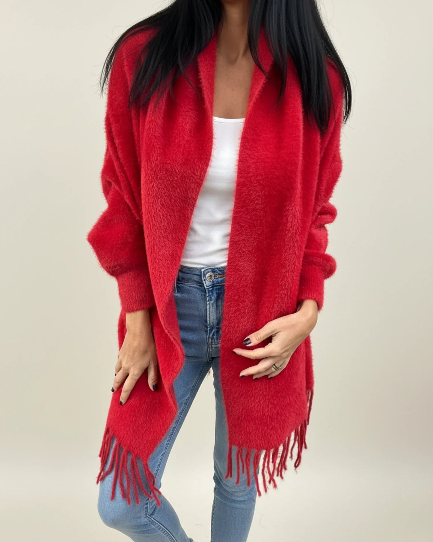 Cardigan Femme Décontracté À Ouverture Frontale Avec Franges Et Drapé Col Châle Pour L'Hiver