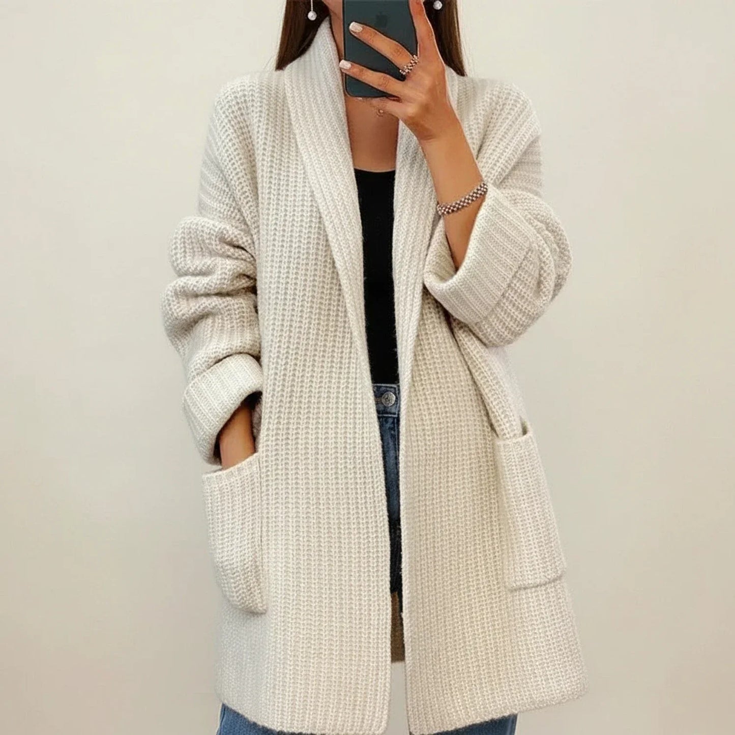 Cardigan Femme Oversize Ouvert Devant Col Châle Avec Poches Plaquées Et Manches Longues