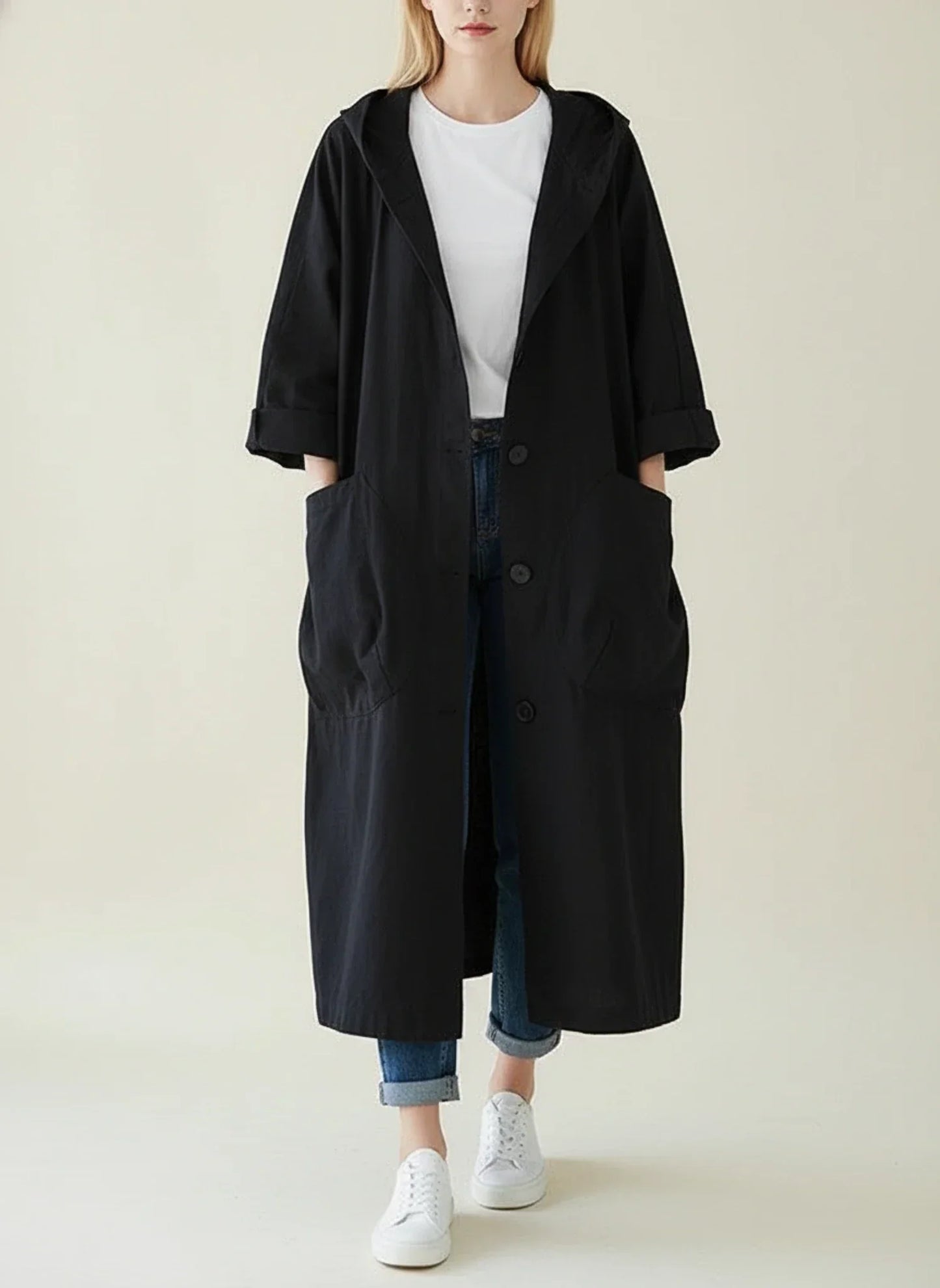 Trench Imperméable Pour Femme À Capuche Oversize Longueur Maxi Coupe A Ligne Douce Et Moderne