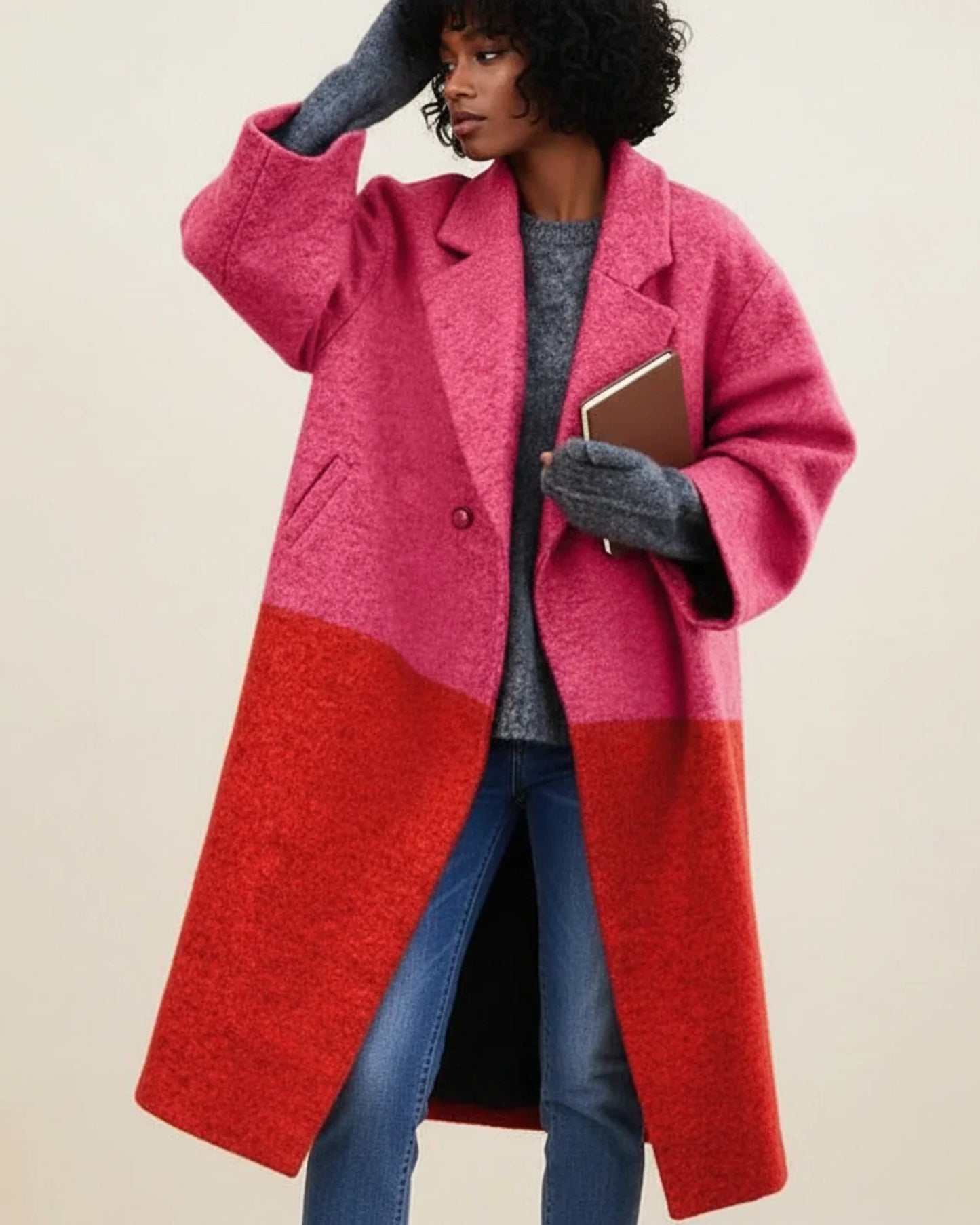 Manteau Long Hiver Pour Femme Coloré Avec Bloc de Couleurs Silhouette Oversize Revers à Encoche