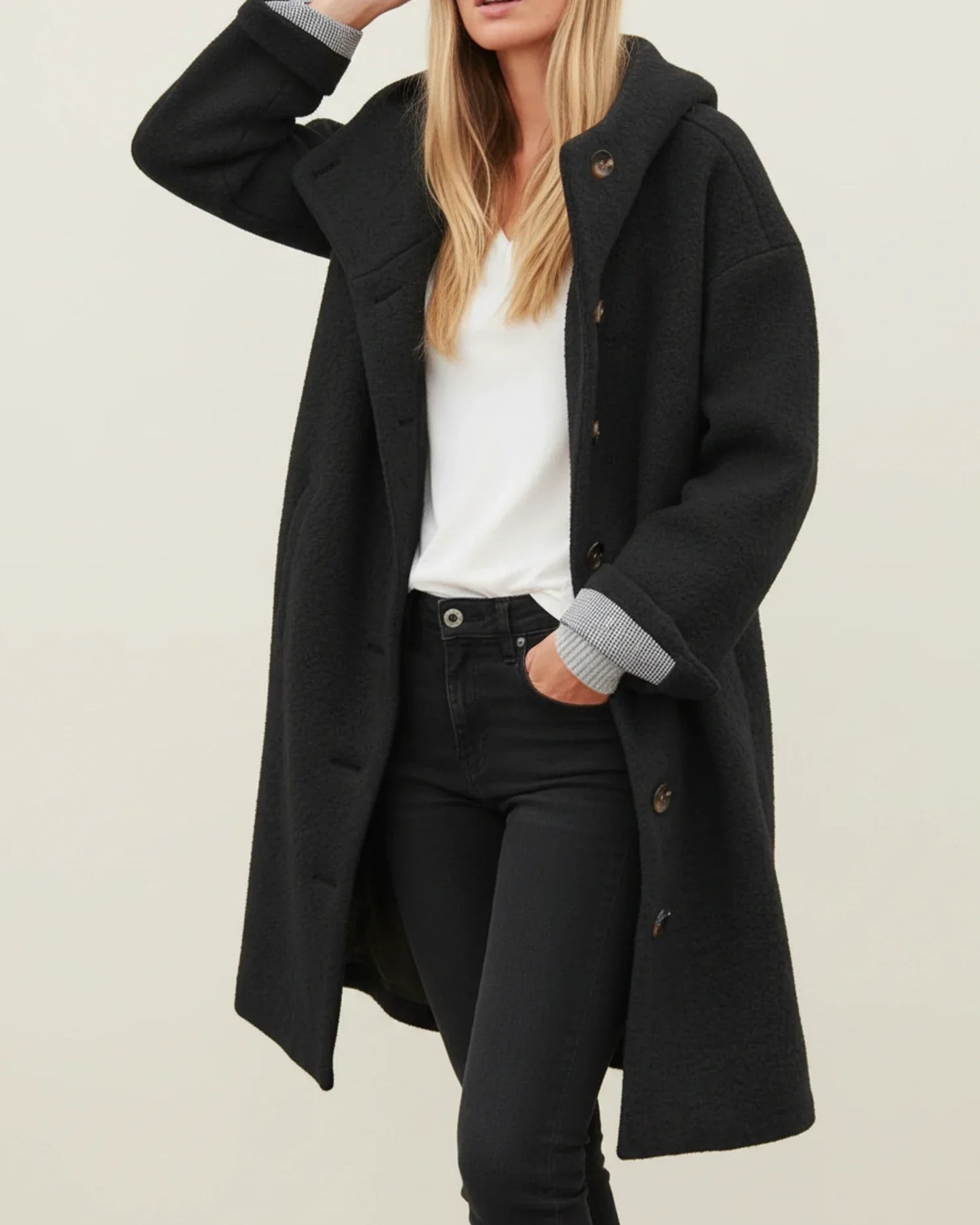 Manteau Long D'Hiver Pour Femme Avec Capuche Oversize Boutons Design Polyvalent Pour Quotidien