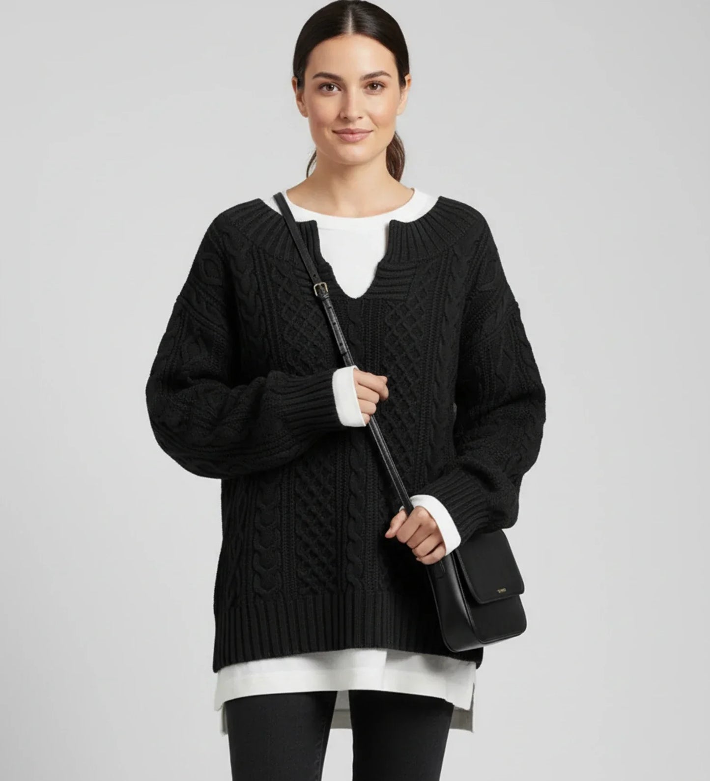 Pull Femme Oversize En Tricot Torsadé Col V Confortable Pour La Superposition Hivernale