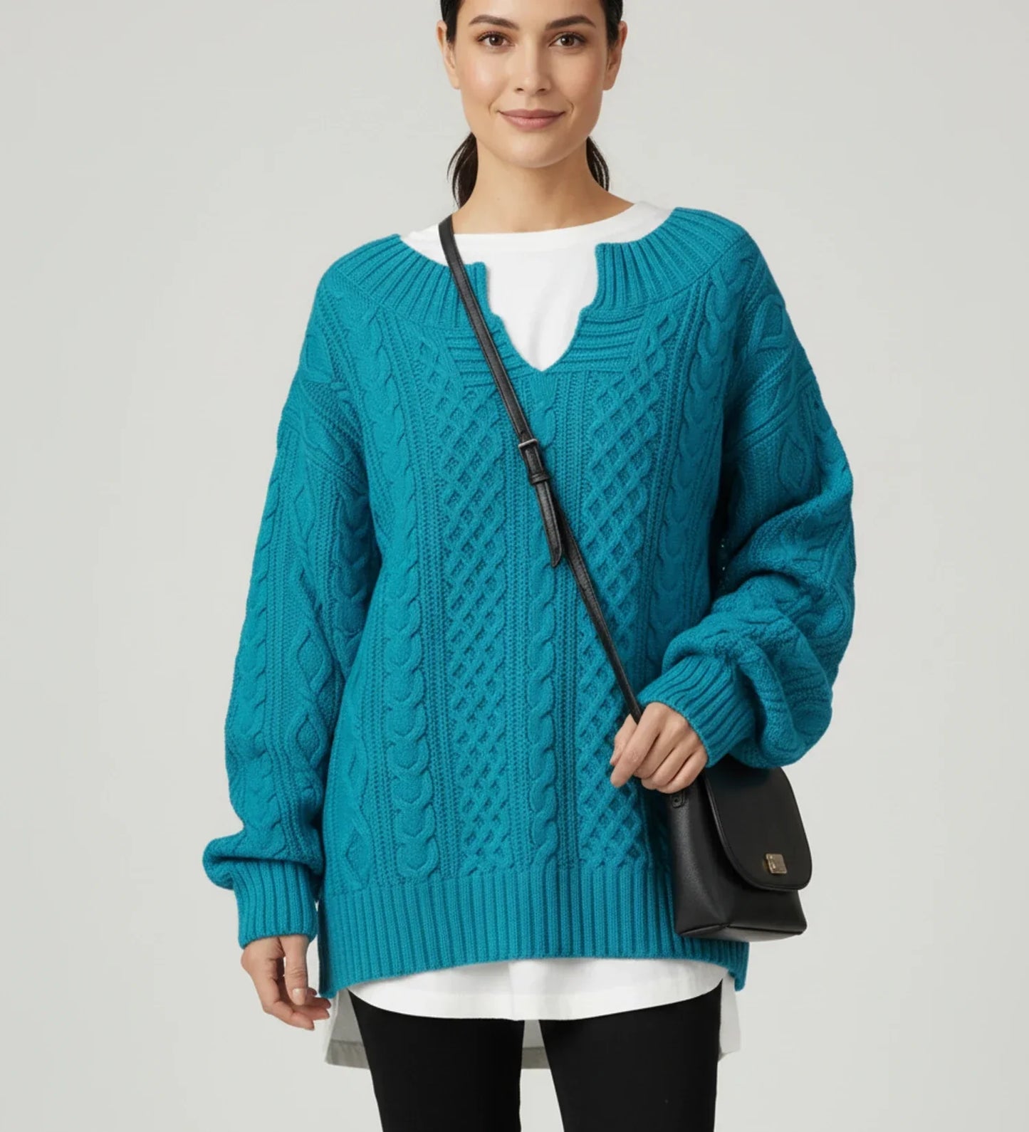 Pull Femme Oversize En Tricot Torsadé Col V Confortable Pour La Superposition Hivernale
