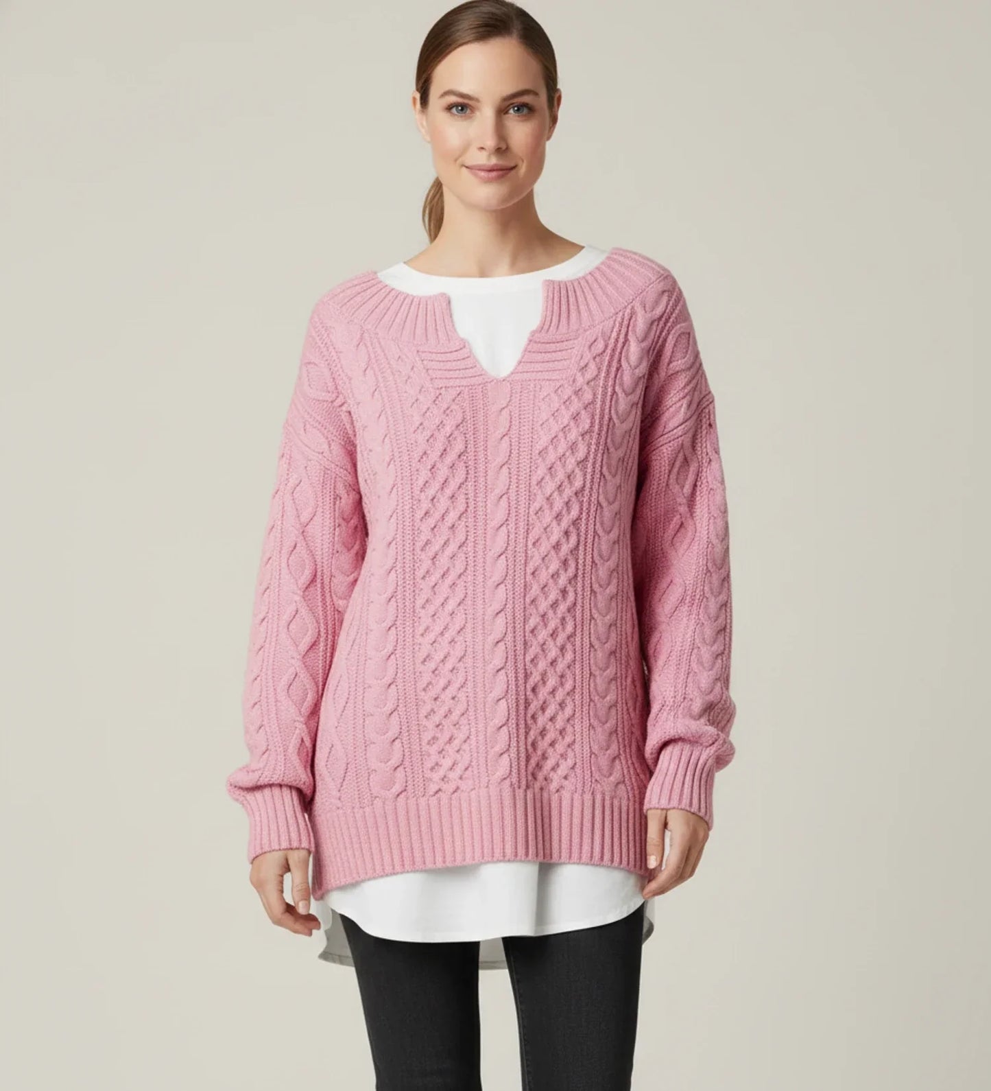 Pull Femme Oversize En Tricot Torsadé Col V Confortable Pour La Superposition Hivernale