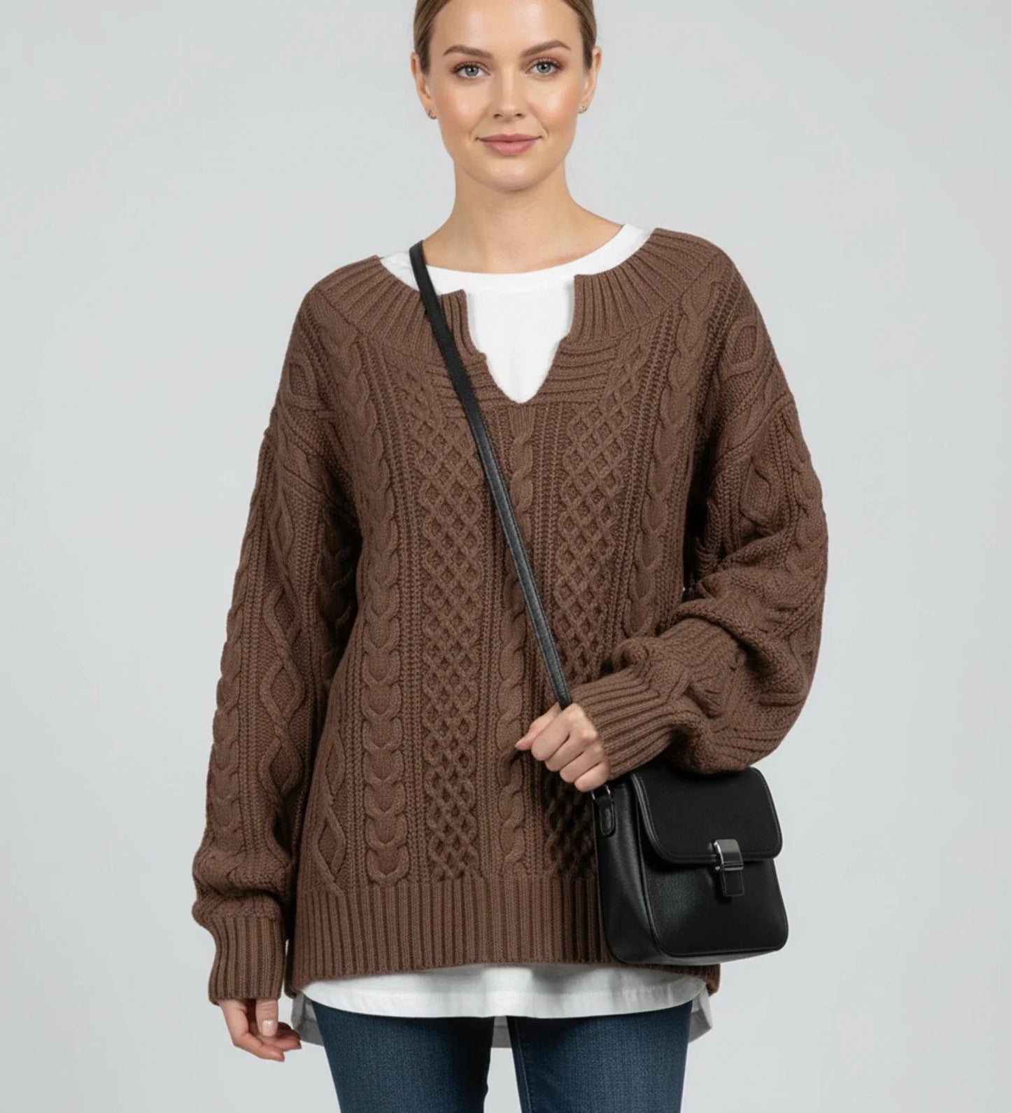 Pull Femme Oversize En Tricot Torsadé Col V Confortable Pour La Superposition Hivernale