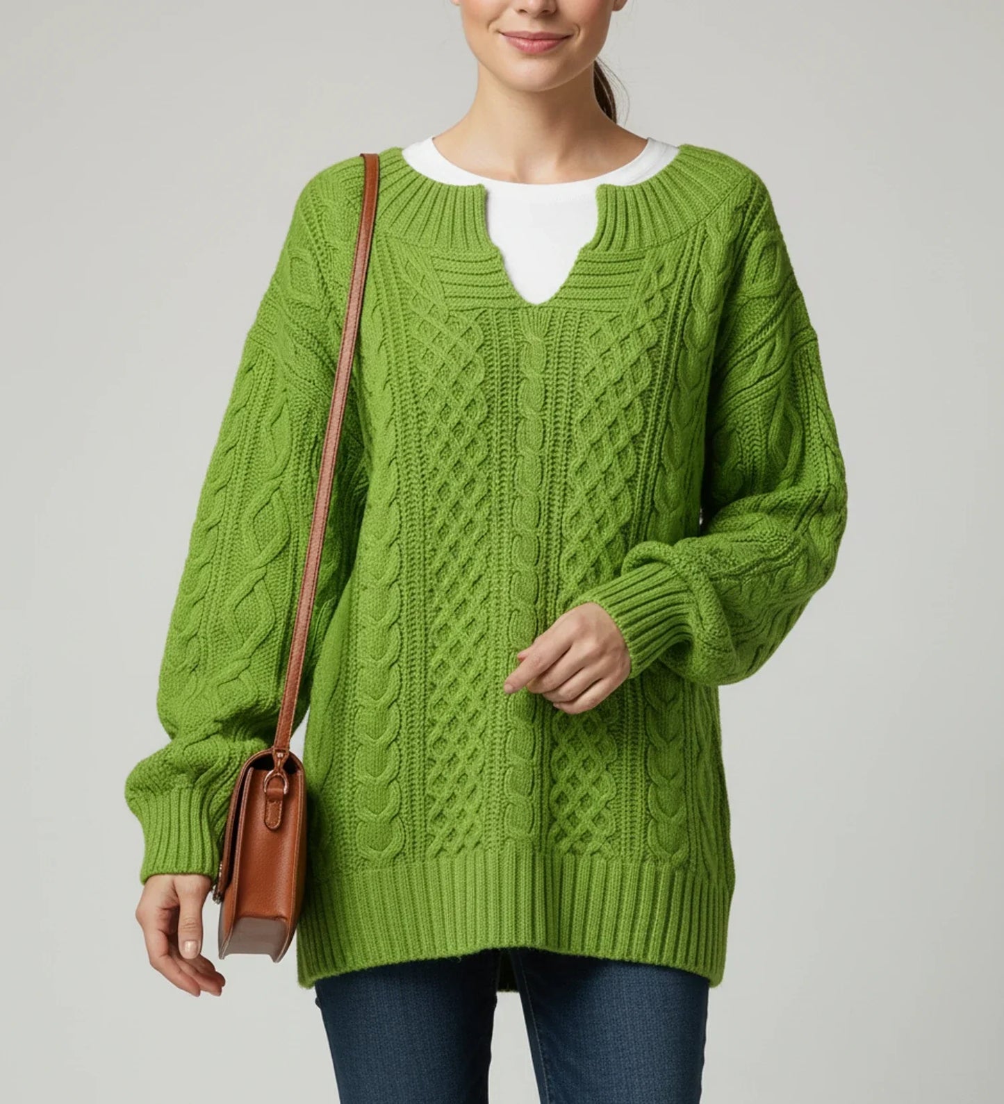 Pull Femme Oversize En Tricot Torsadé Col V Confortable Pour La Superposition Hivernale