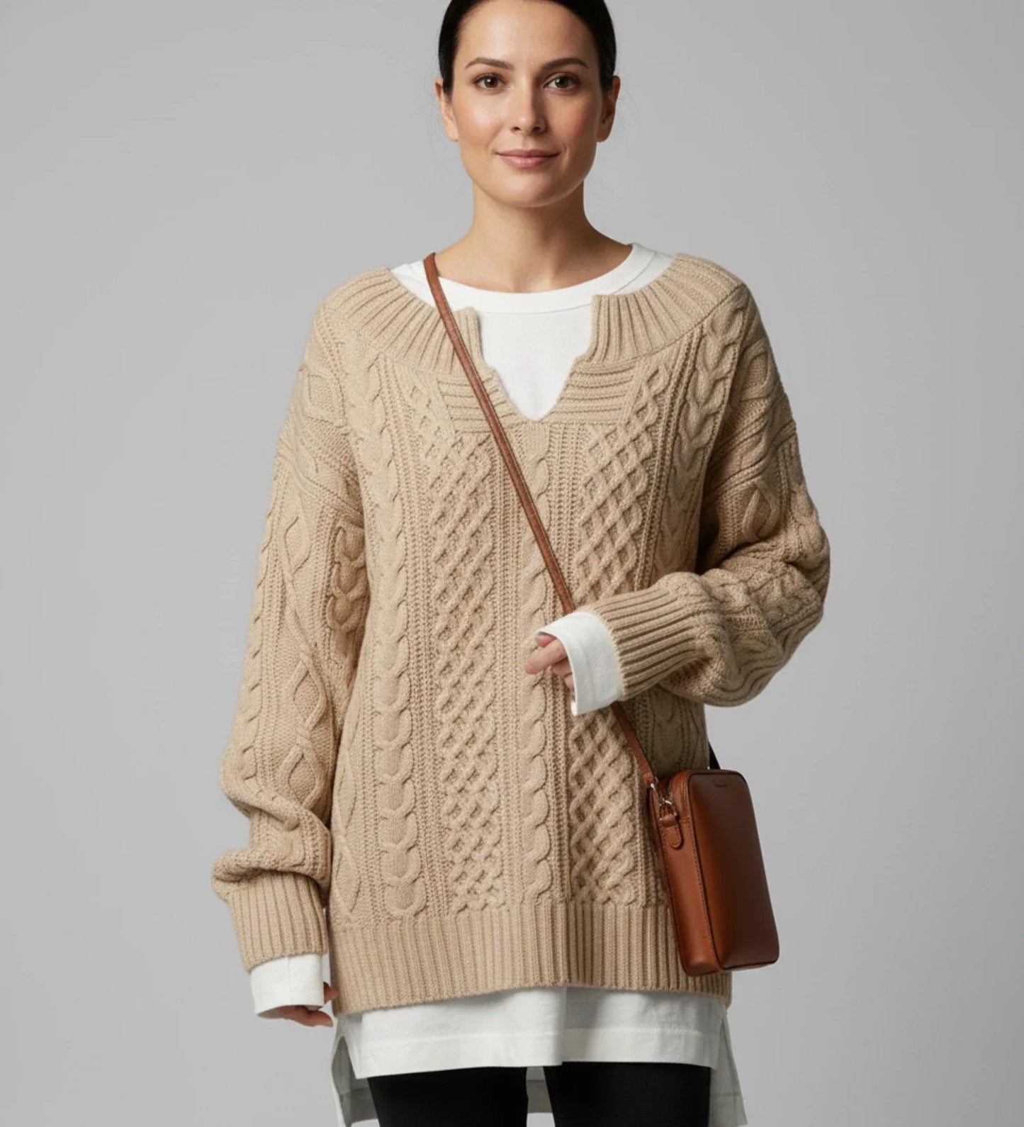 Pull Femme Oversize En Tricot Torsadé Col V Confortable Pour La Superposition Hivernale