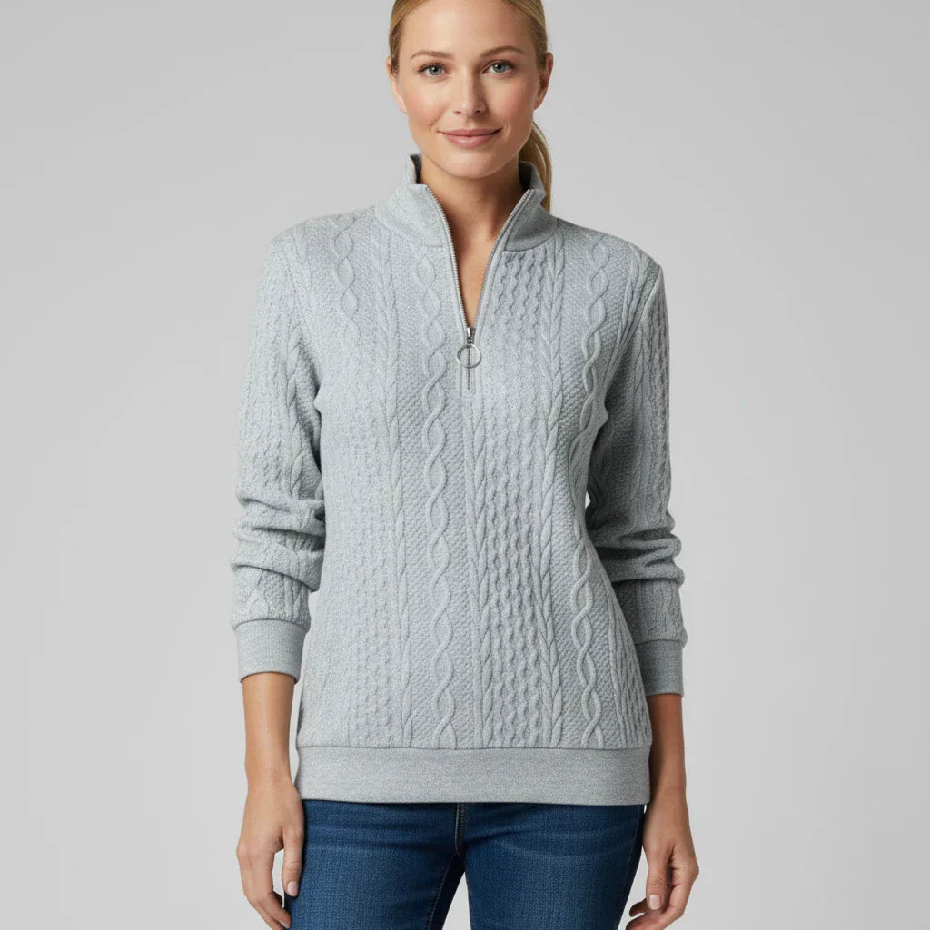 Pull Femme À Demi Zip Texturé Avec Bord Côtelé Pour Un Look Décontracté Et Confortable Au Quotidien