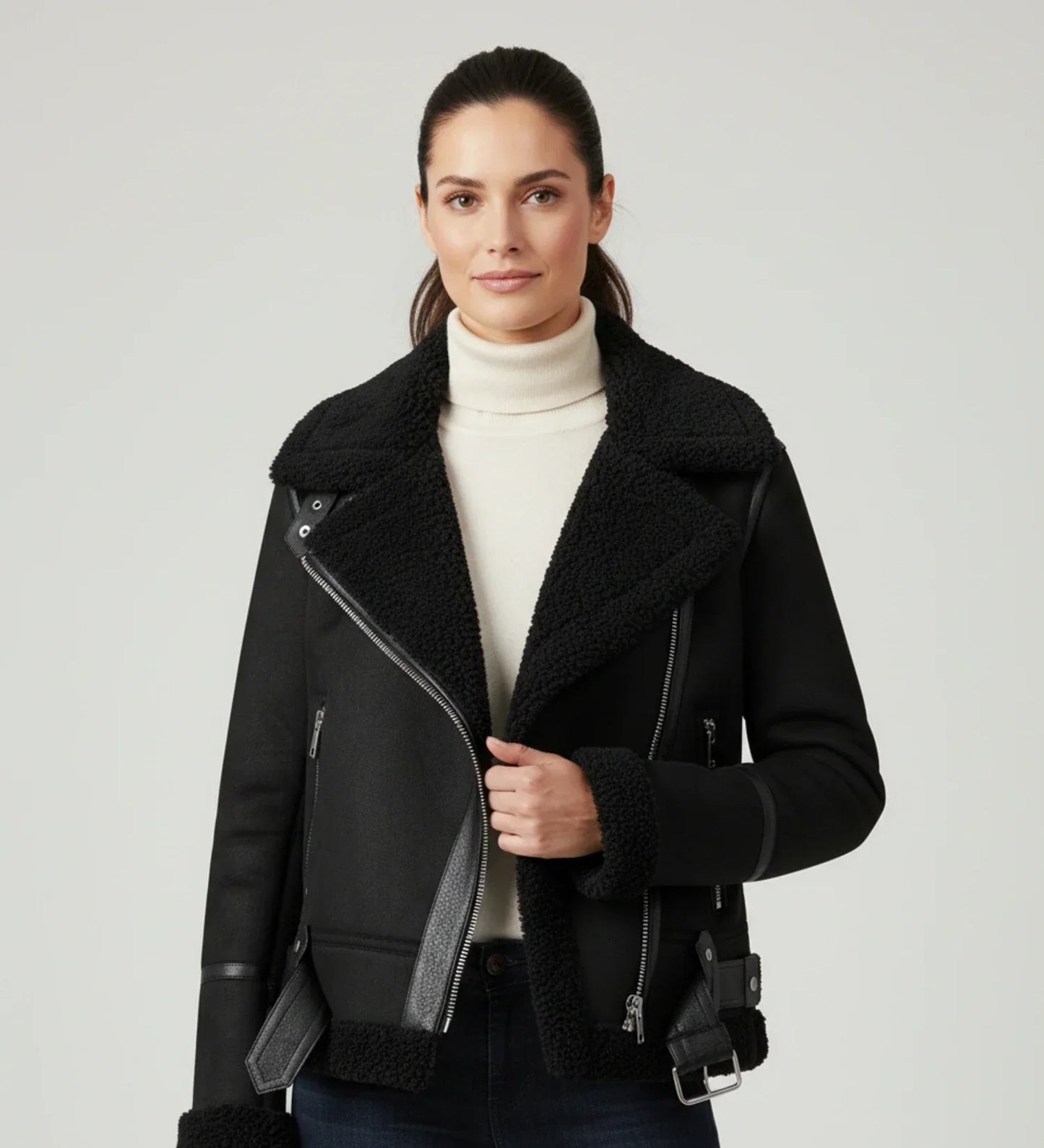 Amawinc Veste Aviateur Courte En Faux Shearling Pour Femme Motard Chic Pour Hiver Urbain Et Confortable