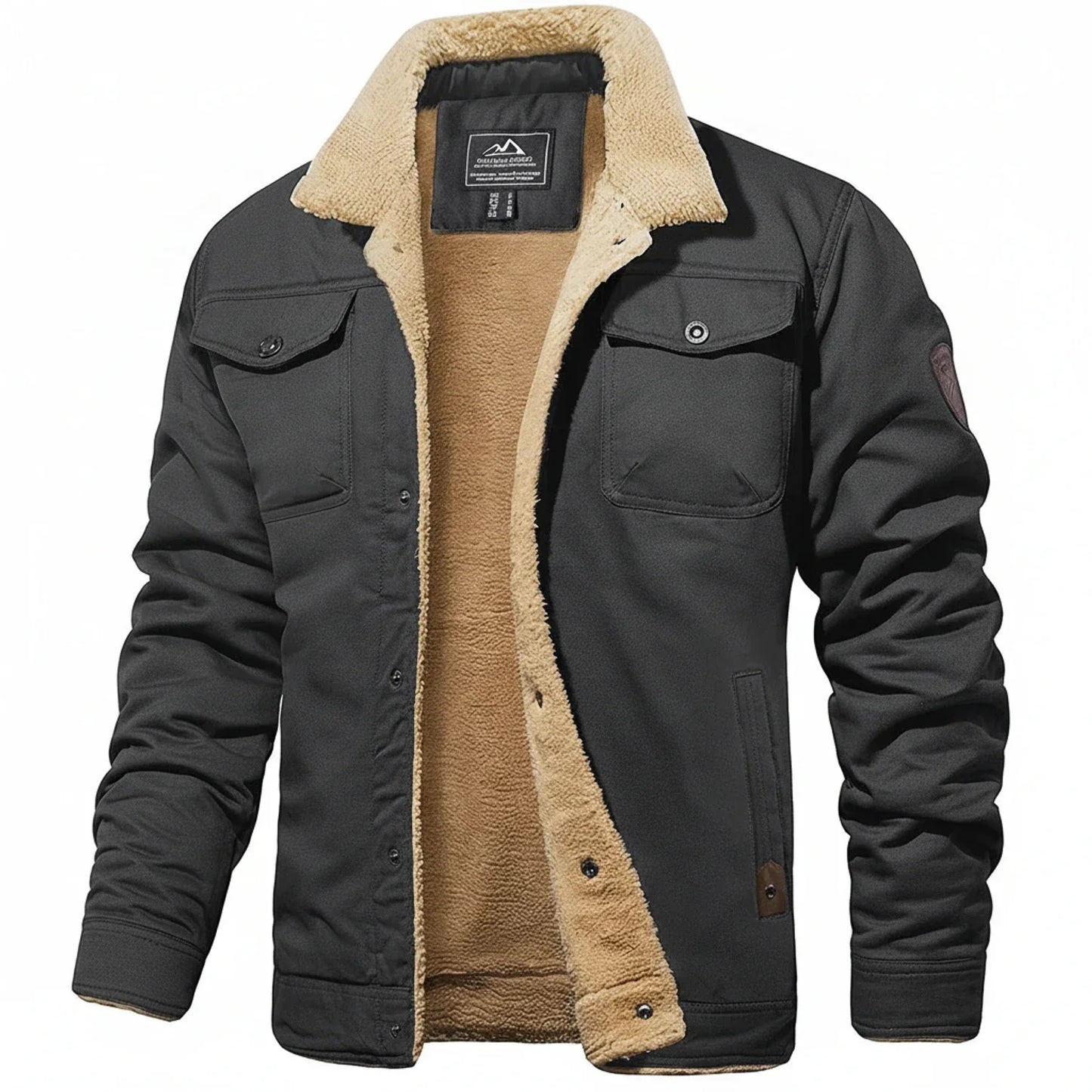 Manteau Hiver Pour Homme Avec Col Sherpa Noir Doublure Polaire Confortable Poches Poitrine Utilitaires