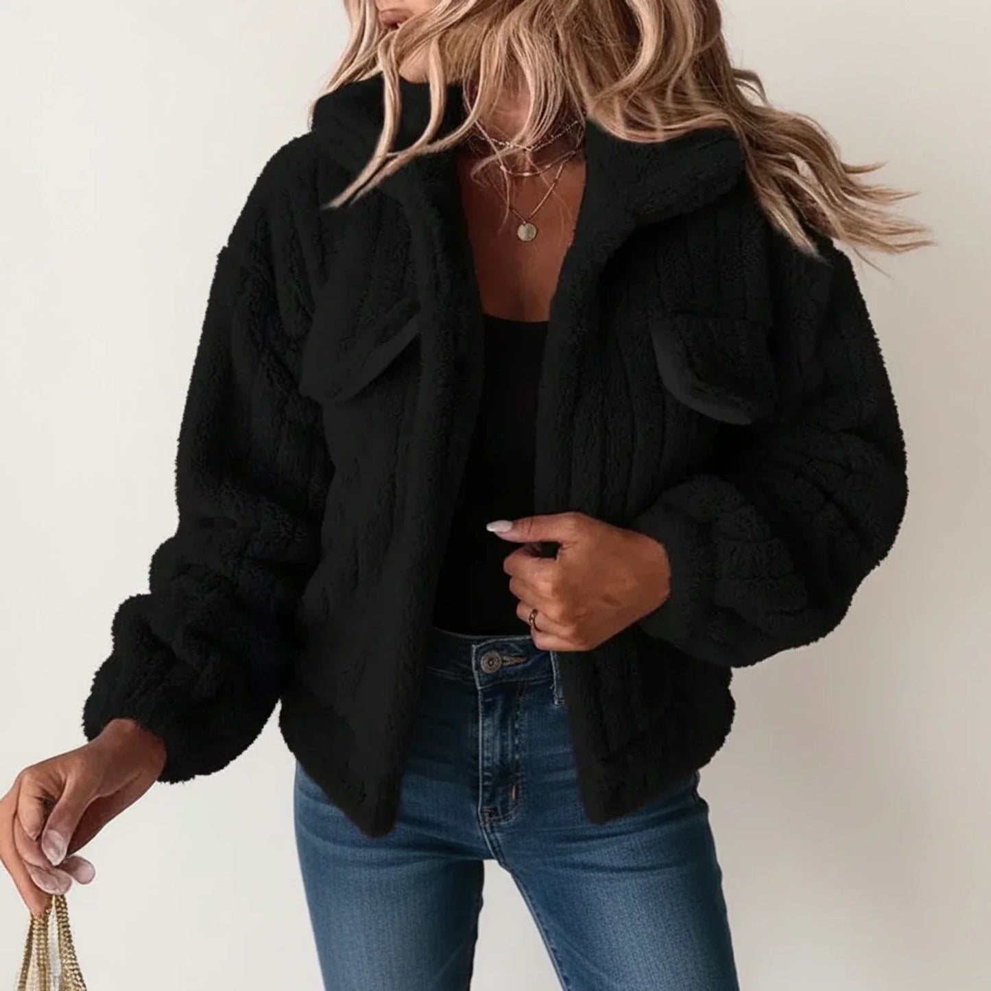 Veste Teddy Peluche Pour Femme Col Chemise Boutonnée Poches Plaquées Confortable Et Tendance