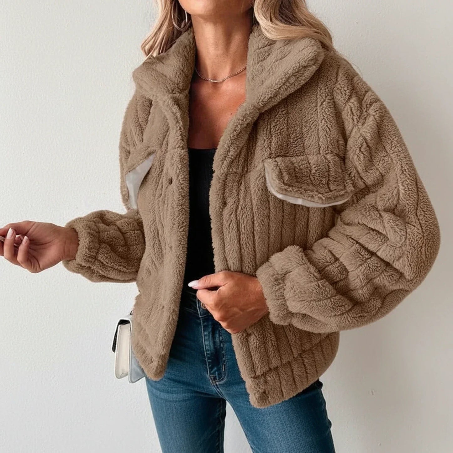 Veste Teddy Peluche Pour Femme Col Chemise Boutonnée Poches Plaquées Confortable Et Tendance