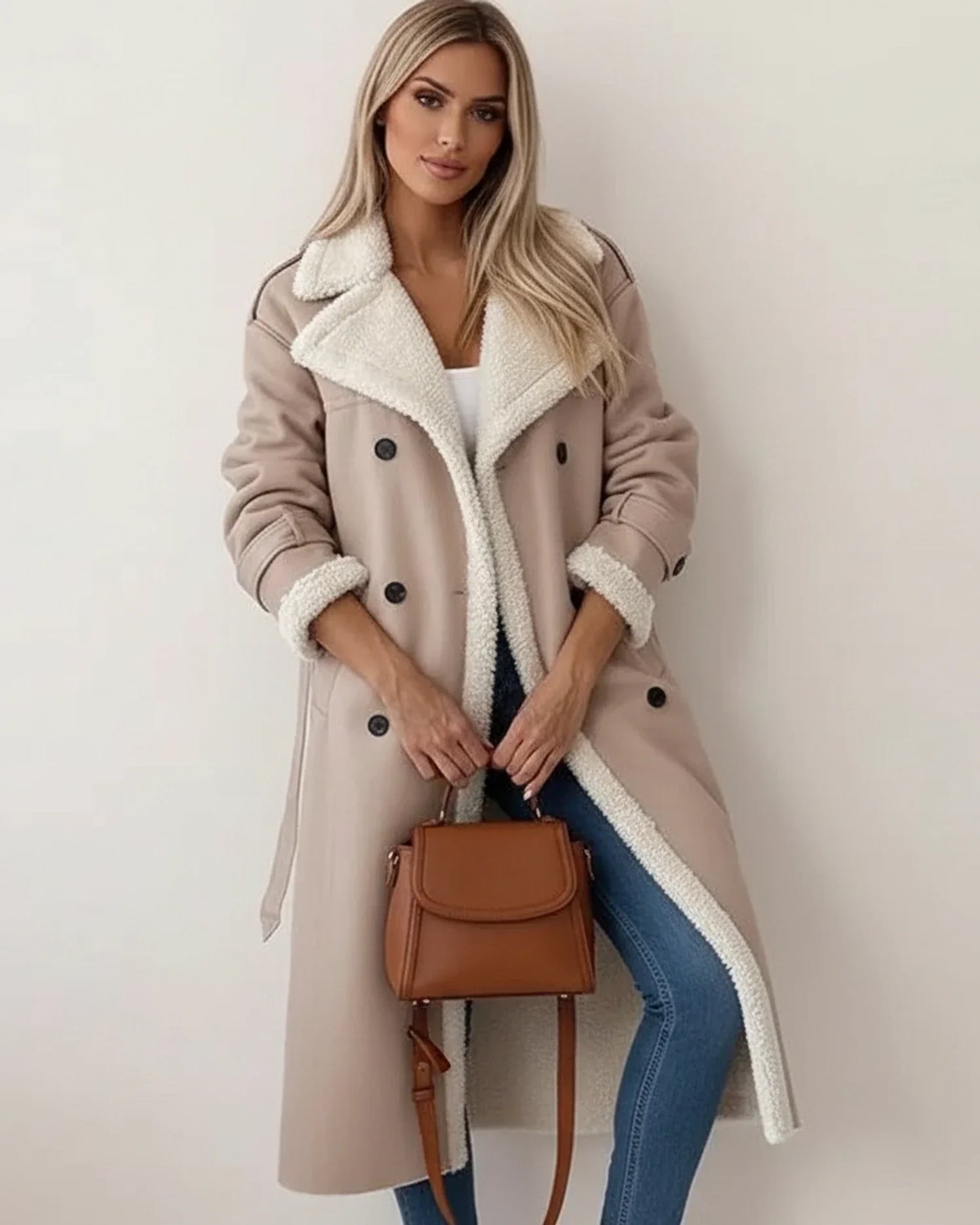 Manteau Long Sherpa Pour Femme À Double Boutonnage Avec Ceinture Confortable Et Manches Longues Idéal Pour L'Hiver