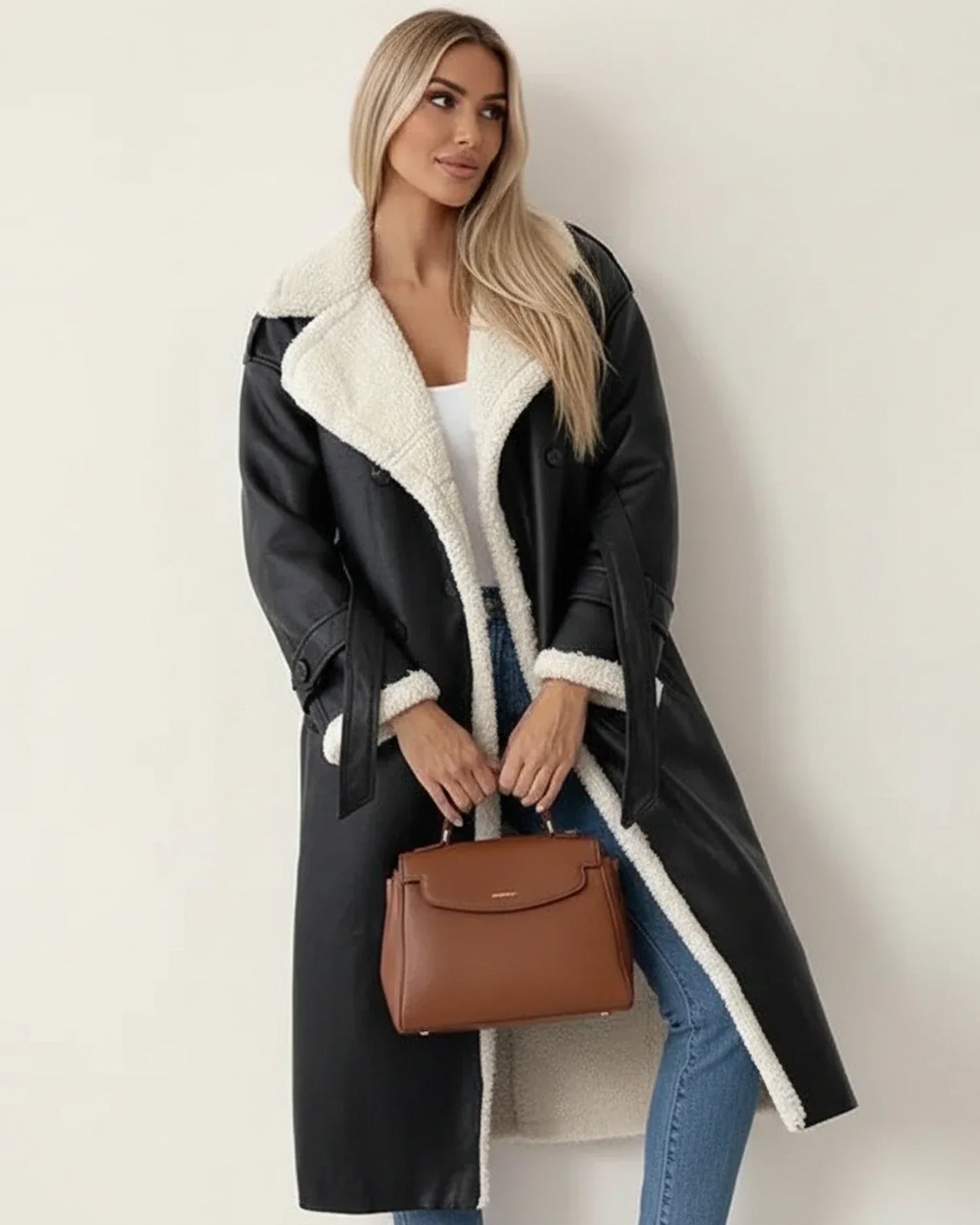 Manteau Long Sherpa Pour Femme À Double Boutonnage Avec Ceinture Confortable Et Manches Longues Idéal Pour L'Hiver