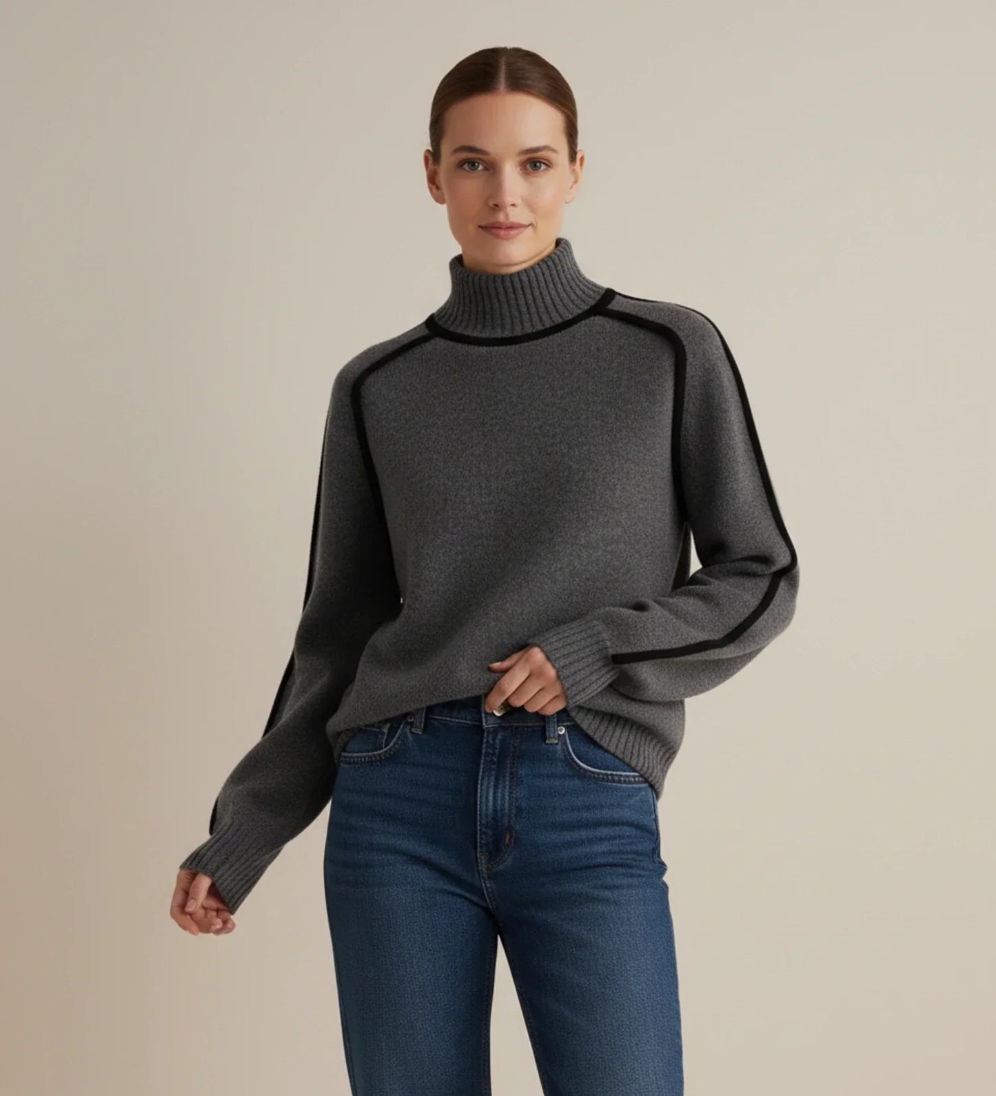 Pull Femme Col Roulé Bicolore Avec Bordure Contrastée Et Manches Longues Décontracté