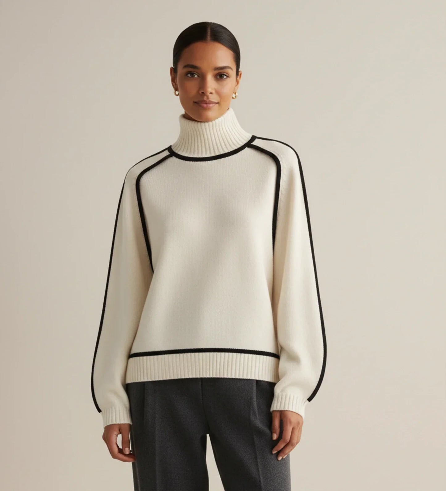 Pull Femme Col Roulé Bicolore Avec Bordure Contrastée Et Manches Longues Décontracté