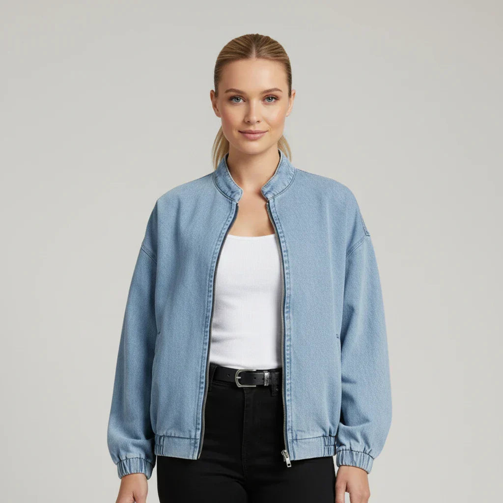Women's Zip-Up Denim Bomber Jacket - Amawinc