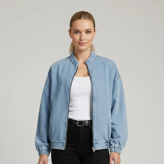 Women's Zip-Up Denim Bomber Jacket - Amawinc