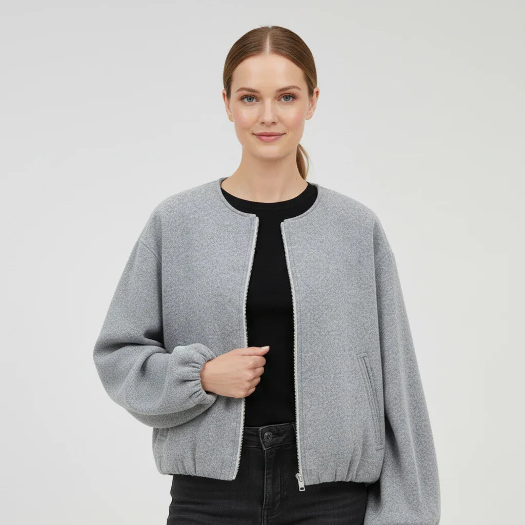 Veste Bomber Zippée Courte Pour Femme À Manches Ballon Sans Col Idéale Pour Superposer