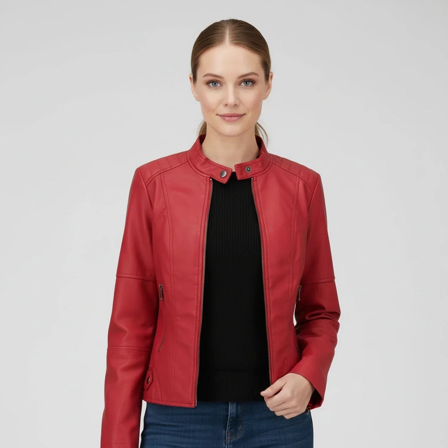Veste Moto Femme Ajustée Avec Poches Zippées Et Col Debout Pour Un Style Moderne Polyvalent