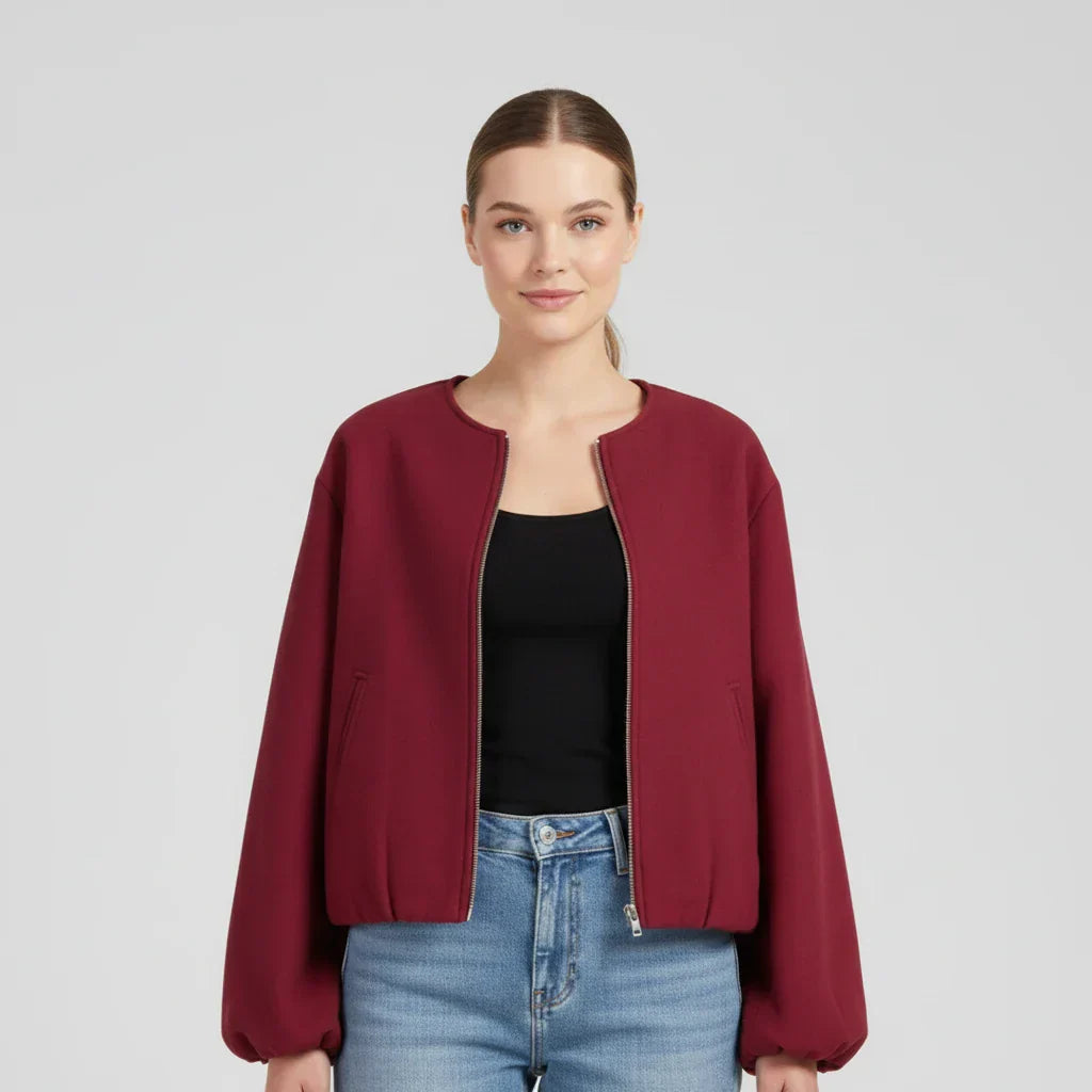 Veste Bomber Zippée Courte Pour Femme À Manches Ballon Sans Col Idéale Pour Superposer
