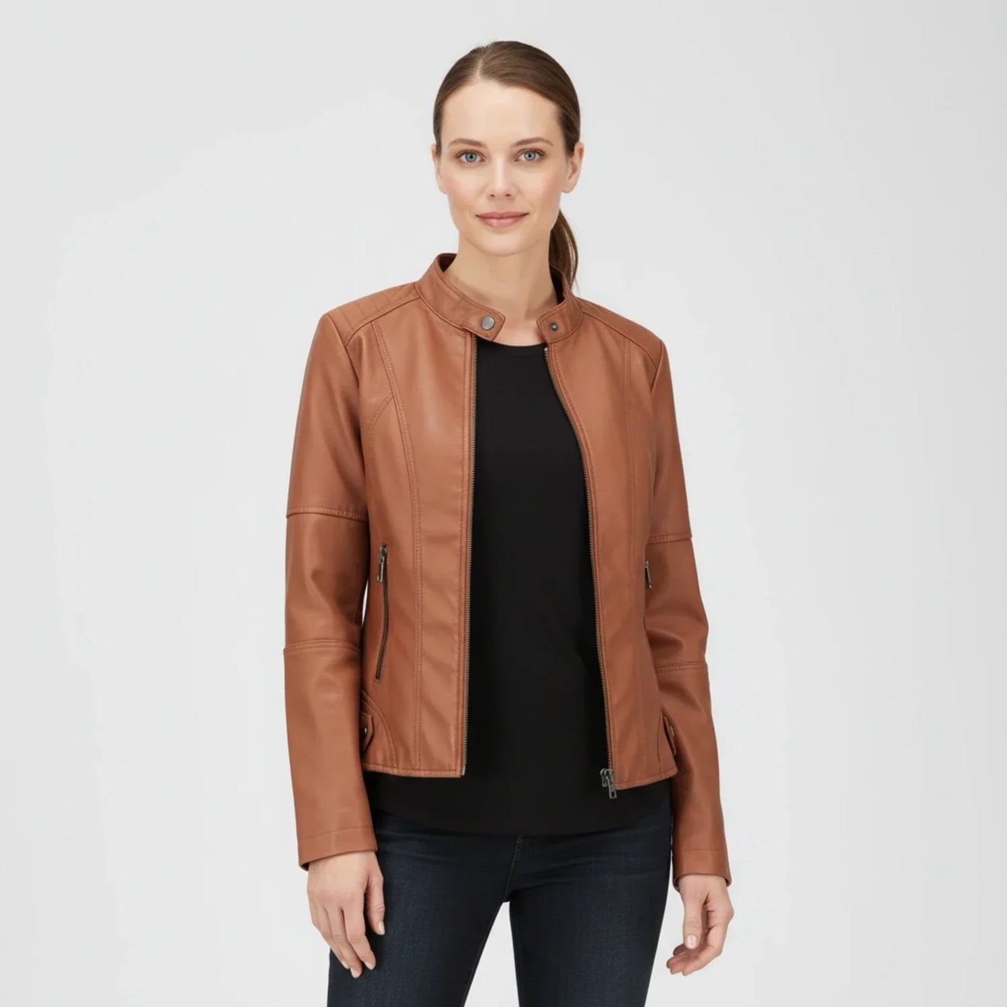Veste Moto Femme Ajustée Avec Poches Zippées Et Col Debout Pour Un Style Moderne Polyvalent