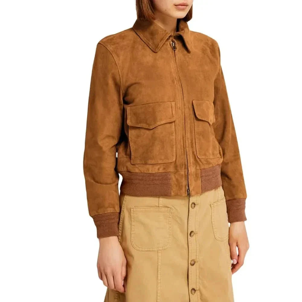 Veste Bomber Pour Femme En Daim Camel Brun Avec Doublure En Viscose Premium Pour Un Style Raffiné Et Polyvalent
