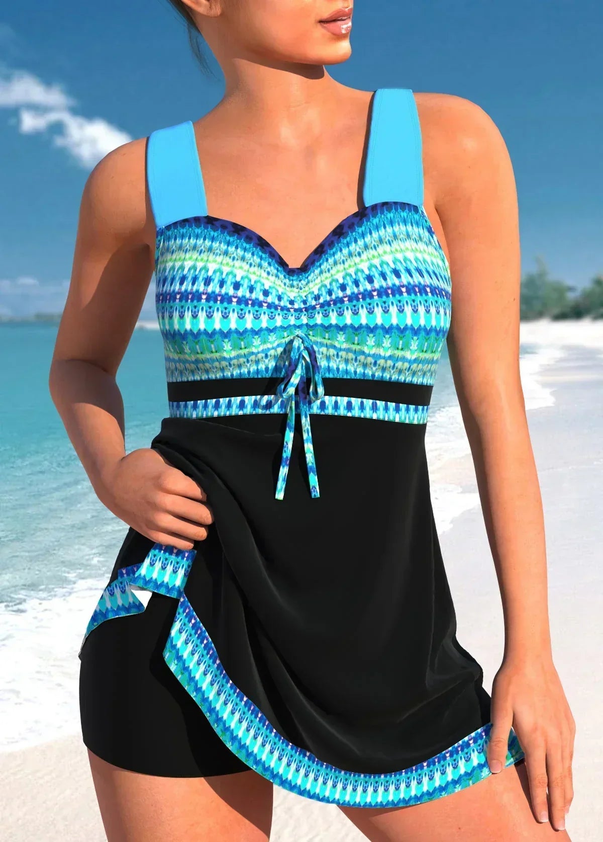 Robe Tankini Nautique Anna Encolure Coeur Avec Noeud Central Et Imprimé Marin Pour Plage