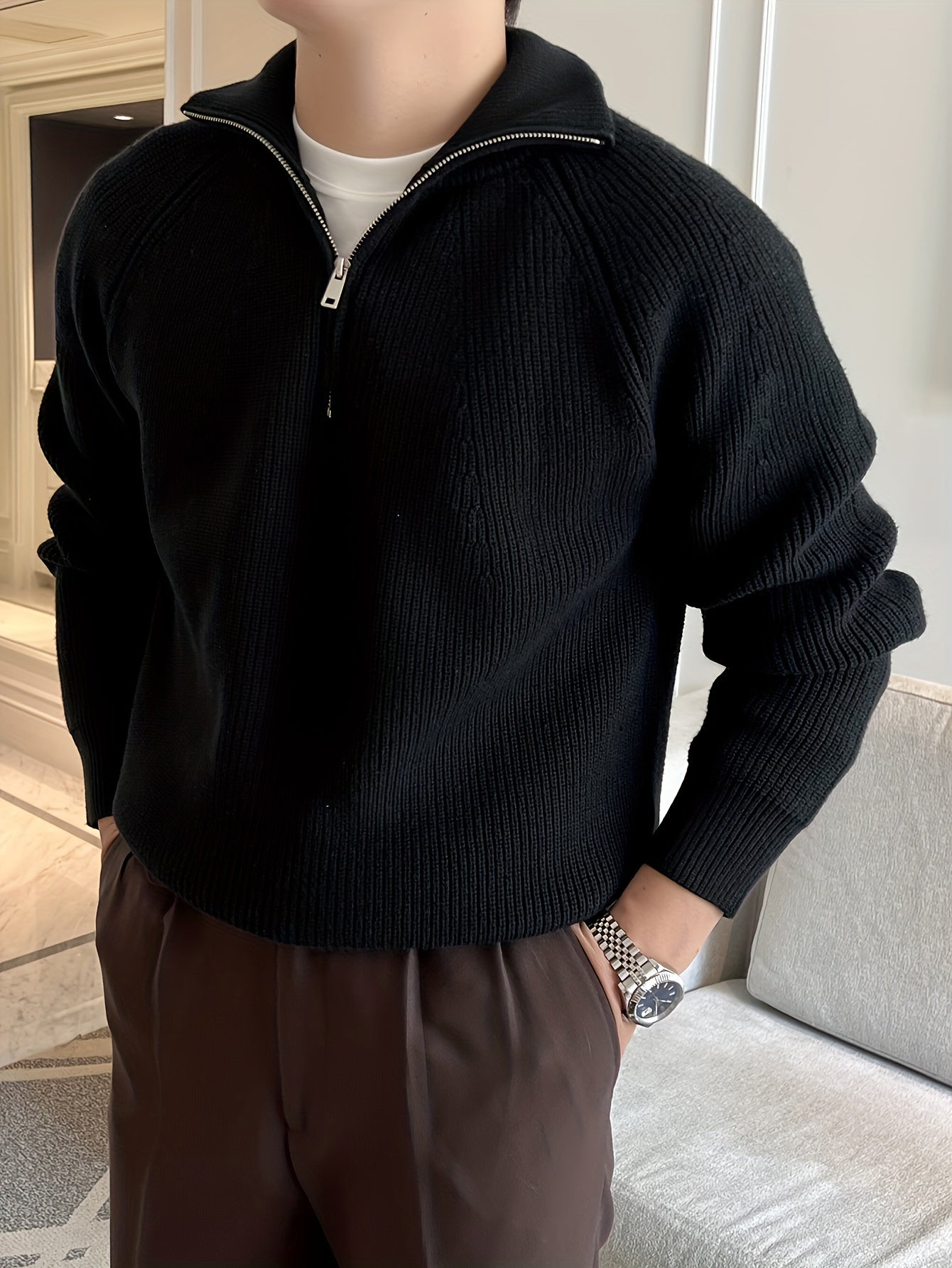 Pull Homme En Maille À Demi Zip Col Montant En Coton Pour Tenue Décontractée Et Habillée Amawinc Nordic Flair