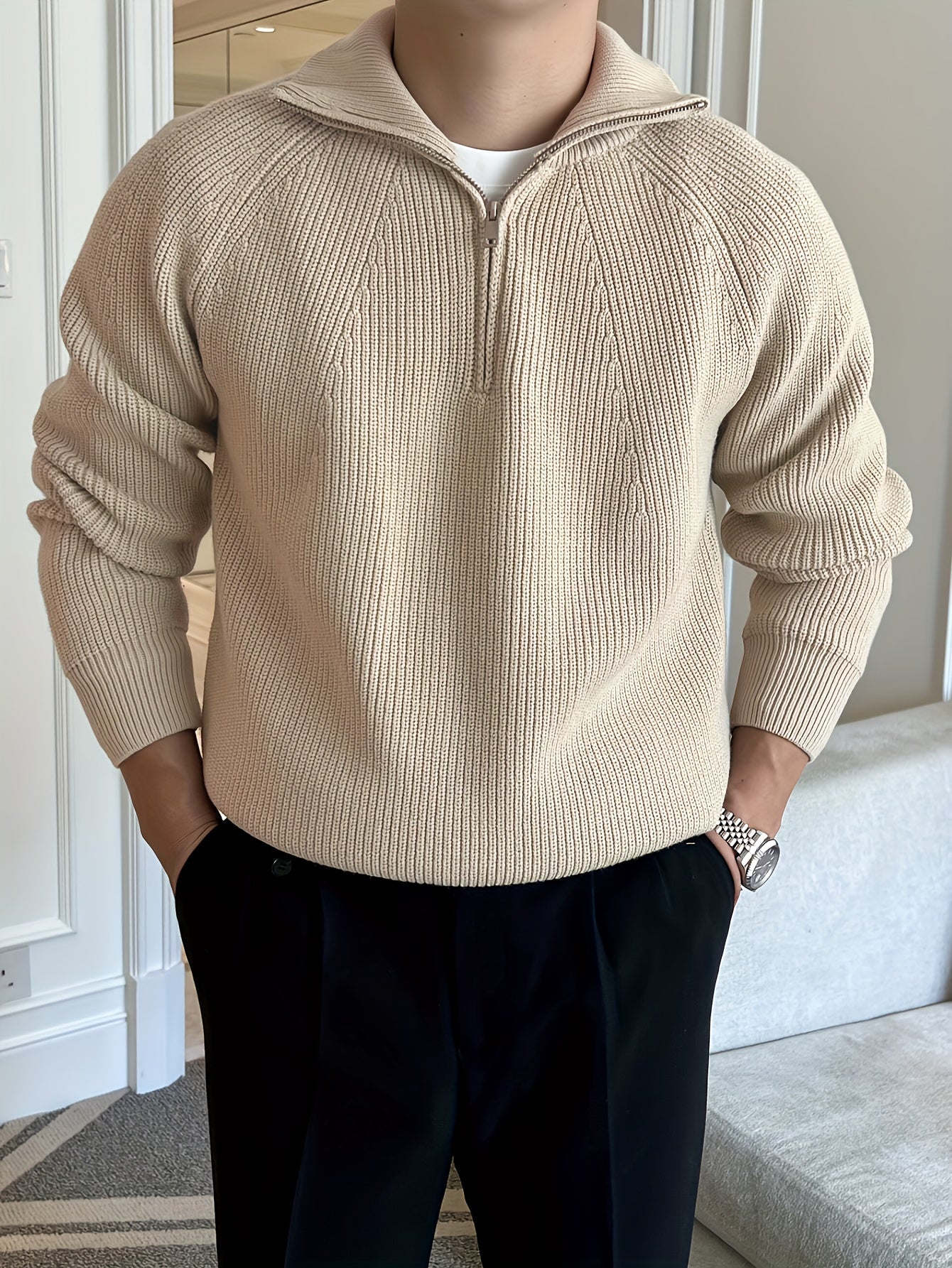 Pull Homme En Maille À Demi Zip Col Montant En Coton Pour Tenue Décontractée Et Habillée Amawinc Nordic Flair